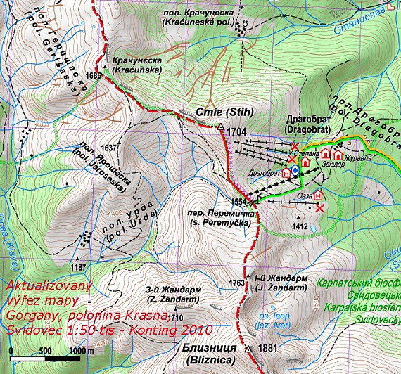Mapa značených tras v okolí Dragobratu